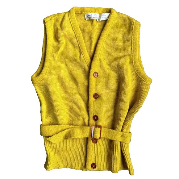Sears Other - Vtg Sears Cardigan Sweater Girls 6x Yellow Sleeveless 70s Belted Mustard Button